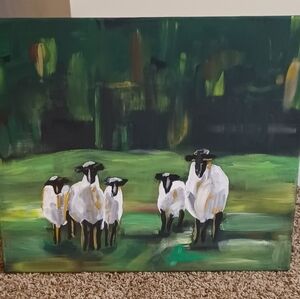 Original Acrylic Sheep in Pasture Canvas Art